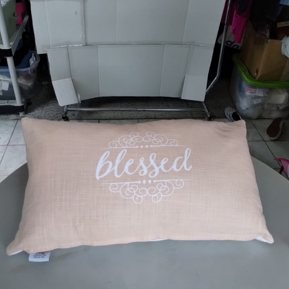 Snuggle Bunny Graphic Beaded Rabbits Cursive Blessed Accent Pillow White Peach - Picture 7 of 15